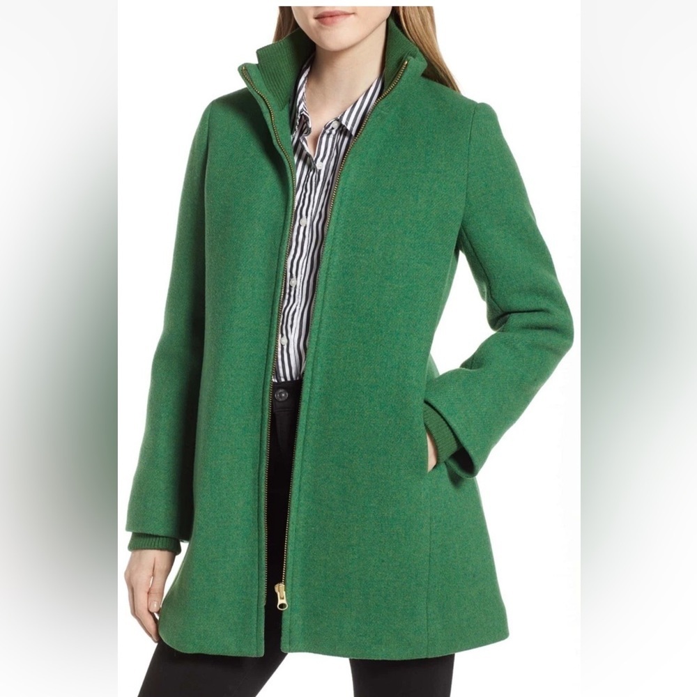 J Crew Wool Lodge Italian Stadium Cloth Front Zip Stand Collar Green Coat 4
